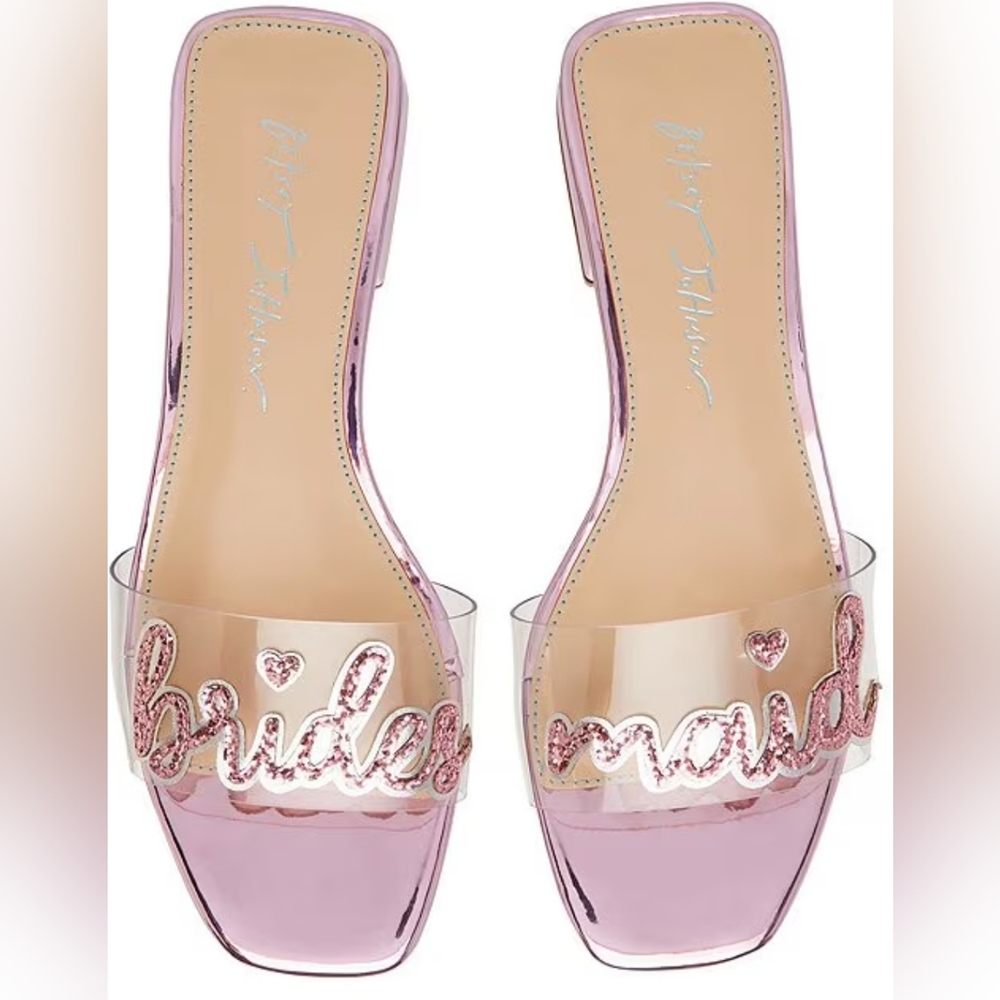 Betsey Johnson Women Mint "Bridesmaid" Glitter Clear Slides Sandals Pink 8.5 NEW